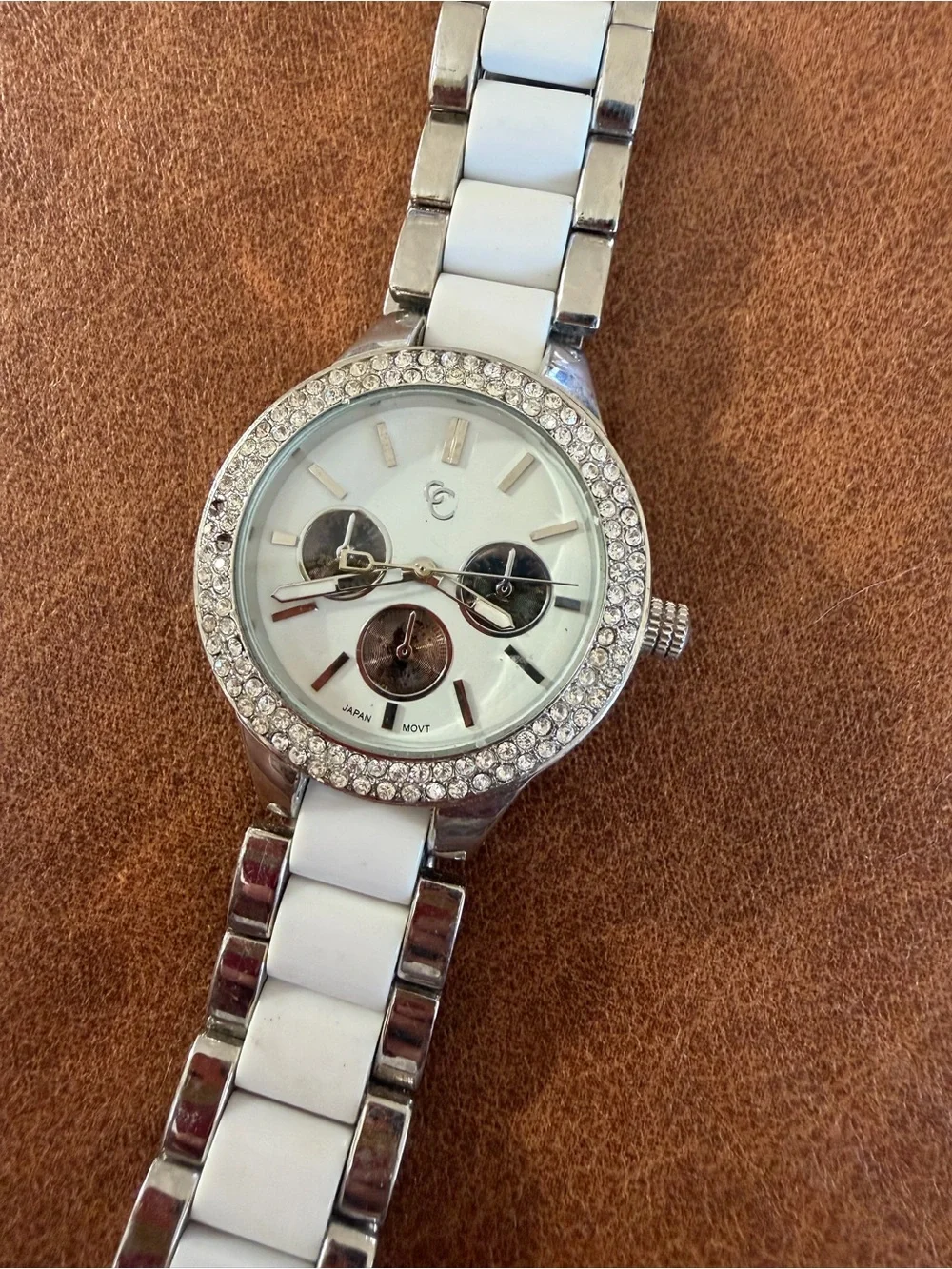 Women's White Ceramic Link Watch - Silver-Tone Crystal Rhinestone Bezel - Japan